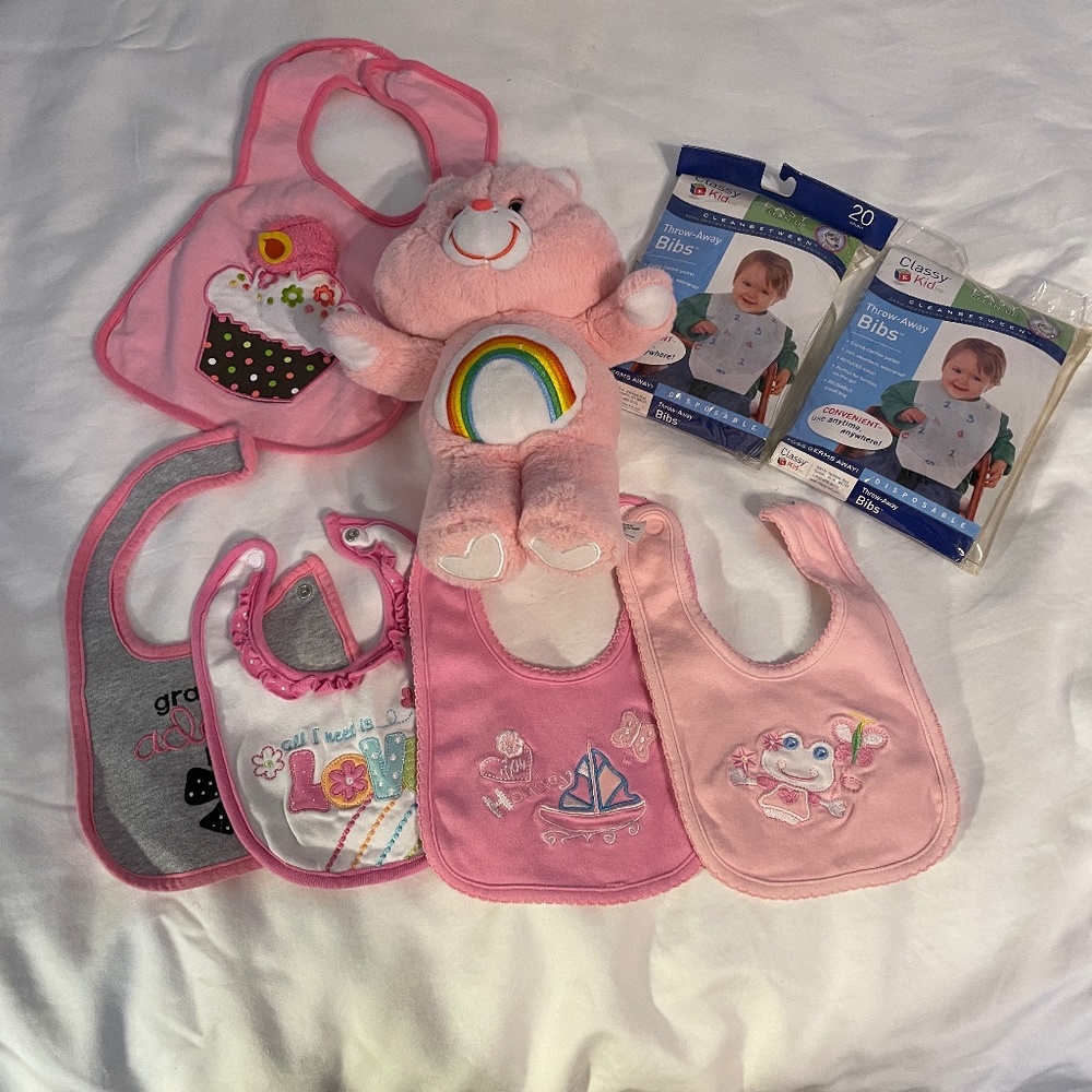 😀Care Bears Bibs for Baby - 45 Bibs 5 Cloth and 40 Disposable Mostly Girls